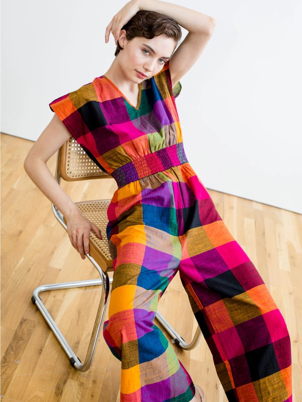 Multicolor Check V-Neck Jumpsuit with Smocked Waist